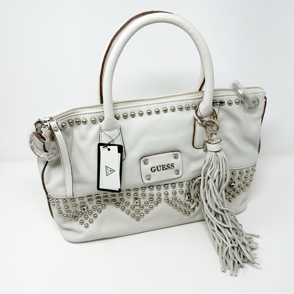 Guess Satchel Crossbody Leather Studded Shoulder Bag Tote w/ Fringe Tassel Charm - Picture 14 of 14